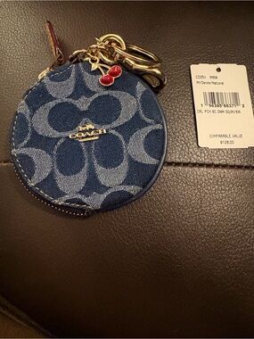 Coach Blue Denim Signature Round Coin Pouch Keychain with Gold Hardware